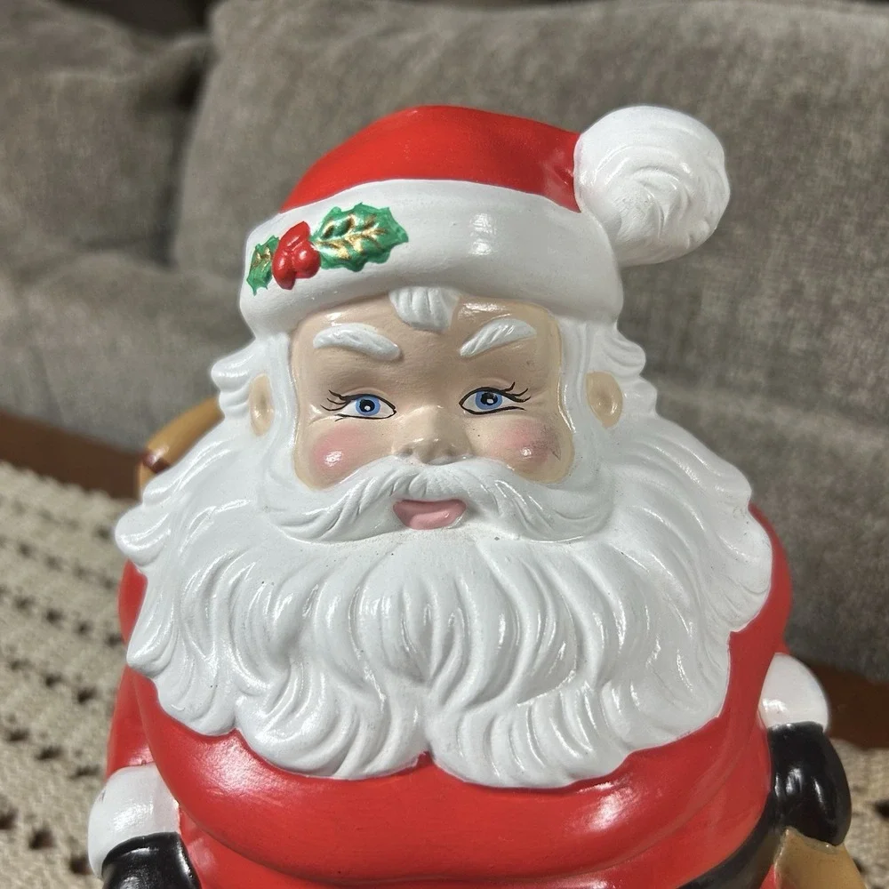 Vtg Ceramic Santa Claus in Rocking Chair Gingerbread Cookie Candy Jar Musical